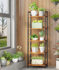 5 Tier Bookshelf With Drawer Space Saving Tall Narrow Wood And Metal Storage Organizer Industrial Display Shelf Unit For Bedroom And Living Room Rustic Brown Durable Steel Frame And Adjustable Shelves For Small Spaces with plants