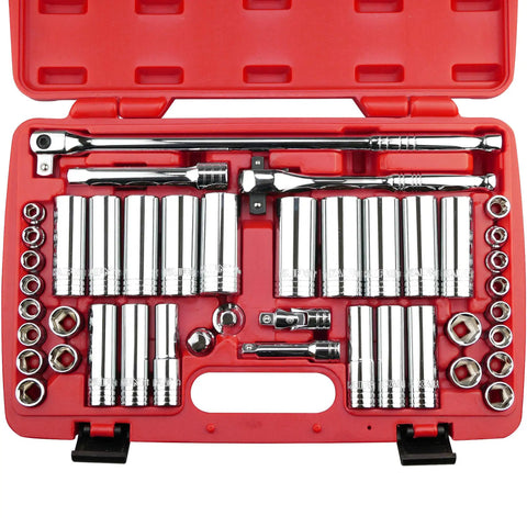 Pro Grade Deep Socket Set For Three Eighths And One Half Inch Drive, 45 Piece SAE And Metric, Sockets From Five Sixteenths To One Inch And Eight To Twenty Four Mm, Dual Head Ratchet, Chrome Vanadium Steel, Mirror Finish, Blow Mold Case in red case.
