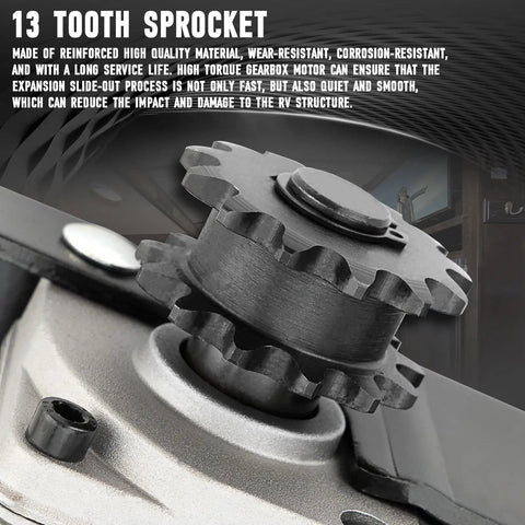 Close-up of 13-tooth sprocket on RV Slide Out Gearbox Replacement With Accu Slideout PMDC Motor Direct Drive 12V 16A 45W Heavy Duty