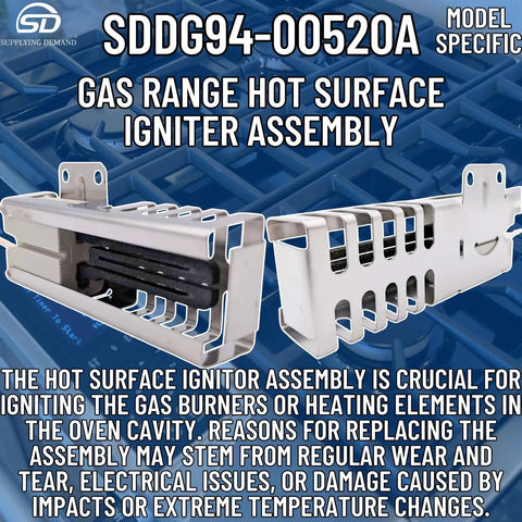 Gas Range Hot Surface Igniter Assembly Replacement For Specific Models Only - 3.4-3.6 Amp with cage and connector details