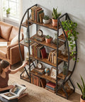 Industrial Oval Etagere Bookshelf With Triple Wide Design And Five Tiers Boss Black Iron Pipe Frame And Wood Shelves