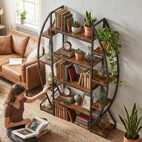 Industrial Oval Etagere Bookshelf With Triple Wide Design And Five Tiers Boss Black Iron Pipe Frame And Wood Shelves
