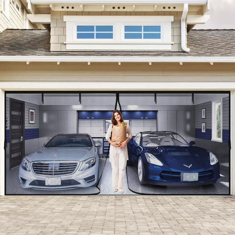 Magnetic Heavy Duty Fiberglass Garage Door Screen For Two Car Garage 16x7 Ft with Breathable Mesh installed, woman standing inside
