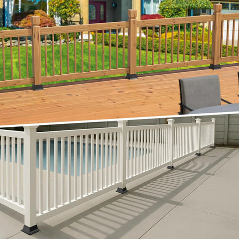Beefy Heavy Duty 4x4 Post Base Set Of 5 for 3.5x3.5 lumber securing deck and porch railings, wood and white posts visible, outdoors.