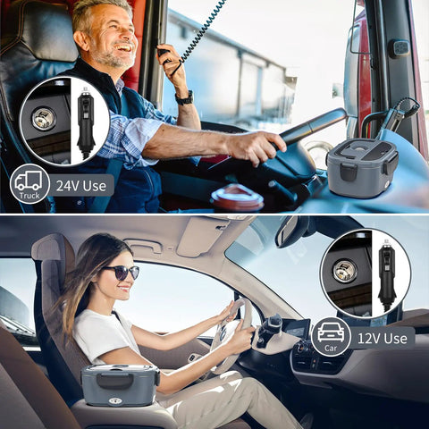 Man and woman using Electric Lunch Box For Adults, Fast 80W Heats Up Meals in truck and car, 1.5L Portable Food Warmer, 12V 24V power.