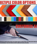 Material swatches in multiple colors and a hand cutting fabric, showcasing customizable sizes option.