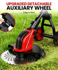 Cordless 12 Inch Weed Wacker With Wheels 21V 2x3000mAh Battery 800W Brushless Motor 4 Blade Types 20000 RPM Grass Trimmer For Garden Yard Long Battery Life And Quick Swap Blades Lightweight Yet Mighty. detachable auxiliary wheel on cordless grass trimmer for easier mowing