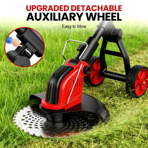 Cordless 12 Inch Weed Wacker With Wheels 21V 2x3000mAh Battery 800W Brushless Motor 4 Blade Types 20000 RPM Grass Trimmer For Garden Yard Long Battery Life And Quick Swap Blades Lightweight Yet Mighty. detachable auxiliary wheel on cordless grass trimmer for easier mowing