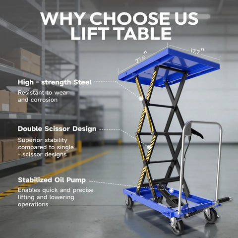 Rock Solid Double Scissor Hydraulic Lift Table Cart With 330 Lb Capacity, features high-strength steel and double scissor design.