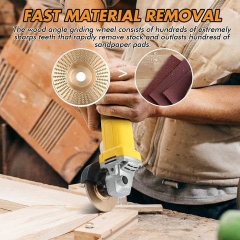 Man using 9 Piece Wood Carving Disc Set For 4 Inch And 4 1/2 Inch Angle Grinders With 5/8 Inch Arbor Tungsten Carbide Shaping Discs