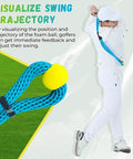 Golfer using Golf Swing Trainer Rope With Molded Grip For Beginners Hand Position Corrector And Tempo Rhythm Coach For Indoor Practice Rope With Soft Safety Head Blue.