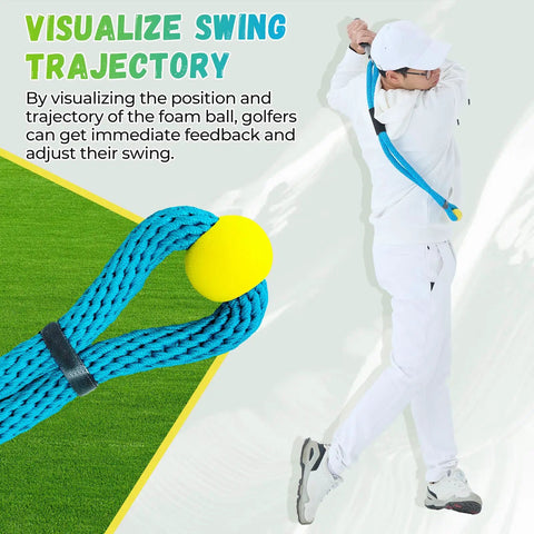 Golfer using Golf Swing Trainer Rope With Molded Grip For Beginners Hand Position Corrector And Tempo Rhythm Coach For Indoor Practice Rope With Soft Safety Head Blue.