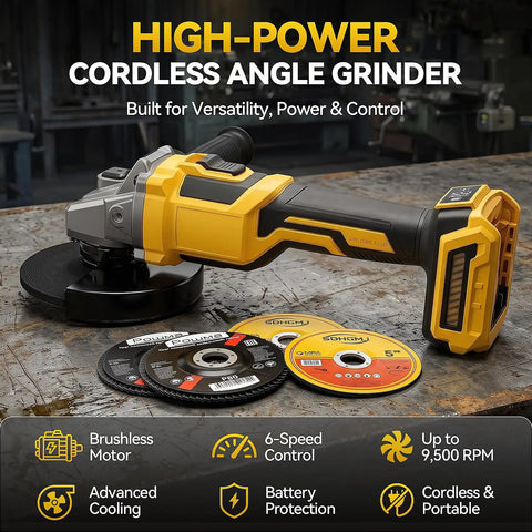 Tough As Nails Cordless Angle Grinder Compatible With 20V Batteries For Aggressive Metal Cutting And Slick Grinding Heavy Duty Power Tool Job Site Beast Tool Only Ready on a workbench with cutting discs.