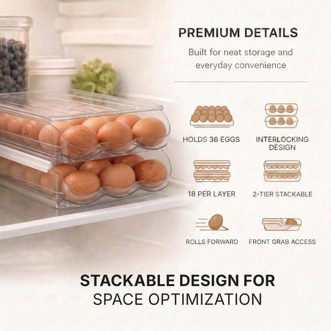 Stackable Fridge Egg Dispenser With Rolling Auto Dispense Holds 36 Eggs, clear 2-layer design shown in use inside refrigerator.