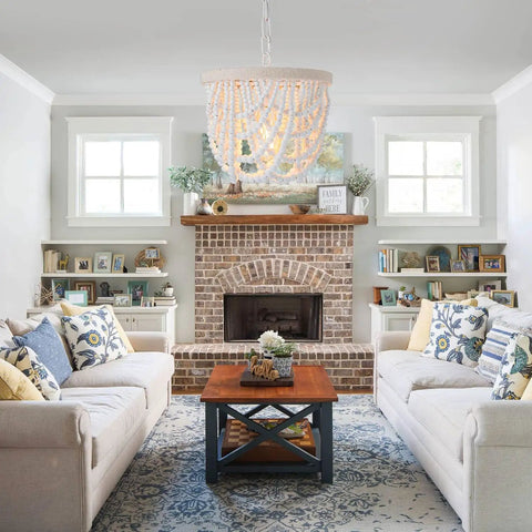 Living room with Wood Beaded Farmhouse Chandelier With White Finish And Adjustable Cord Natural Wood Beads Boho Pendant.