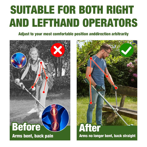 Comparison image showing ergonomic weedeater handle extension back saver trimmer grip for lawn care and landscaping usage