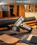 RapidEdge Cordless Electric Scissors With Brushless Motor Cutting At 350rpm For cardboard Fabric and Leather Quilting Sewing Carpet Withtungsten Blade And Quick Swap Feature Rechargeable Battery on a workspace with leather and fabric.