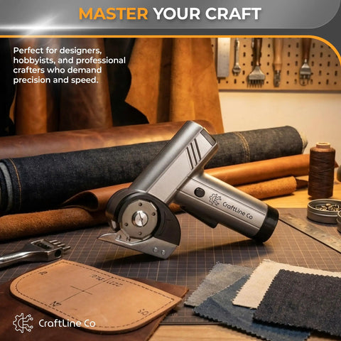 RapidEdge Cordless Electric Scissors With Brushless Motor Cutting At 350rpm For cardboard Fabric and Leather Quilting Sewing Carpet Withtungsten Blade And Quick Swap Feature Rechargeable Battery on a workspace with leather and fabric.