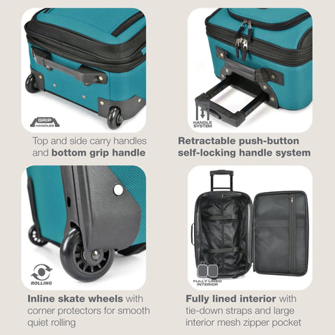 Teal Lightweight Softside Carry On Roller Luggage With 2 Wheels Deluxe Retractable Push Button Self Locking Handle Corner Protected Durable Polyester Build Affordable Travel Set For Easy Airport Navigation shown with detailed features including handles, wheels, and interior compartments.