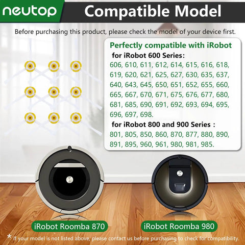 Replacement Side Brushes For Roomba 500 600 700 800 900 Series With Preinstalled Screws 9 Pack; compatibility chart and Roomba models.