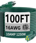 Green Outdoor Extension Cord 100 Ft Waterproof 16/3 Gauge SJTW Flexible Cold-Resistant 3 Prong Appliance Extension Cable 1250W 10A ETL Listed Indoor Outdoor