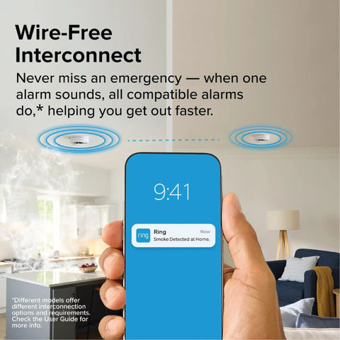 Smart Smoke And Carbon Monoxide Detector With Ring App Real Time Alerts Wire Free Interconnect in modern living room