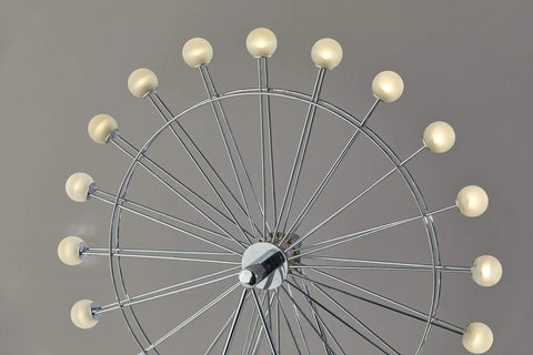 Coney Large LED Ferris Wheel Desk Lamp With Chrome Finish, Rotating Frosted Globe Accent Light details, top view.