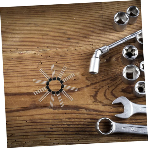 Close-up of 15 Piece Linear Hall Effect Sensor Module Kit For Automotive And Industrial Applications on wooden surface with tools.