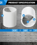 1-1/4 Inch PVC Two Way Socket To Socket Coupling Adapters, 10 Pack, product specification chart showing dimensions and features.