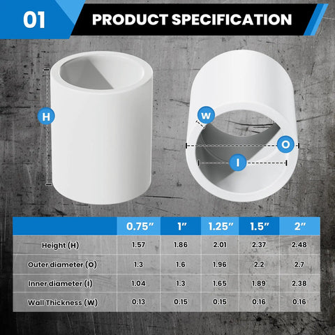 1-1/4 Inch PVC Two Way Socket To Socket Coupling Adapters, 10 Pack, product specification chart showing dimensions and features.