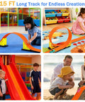 Kids playing with Totally Flexible 15 Foot Race Track Set For Kids 3 Plus Bendable Car Ramp Track With Suction Cups indoors and outdoors.