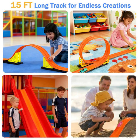 Kids playing with Totally Flexible 15 Foot Race Track Set For Kids 3 Plus Bendable Car Ramp Track With Suction Cups indoors and outdoors.
