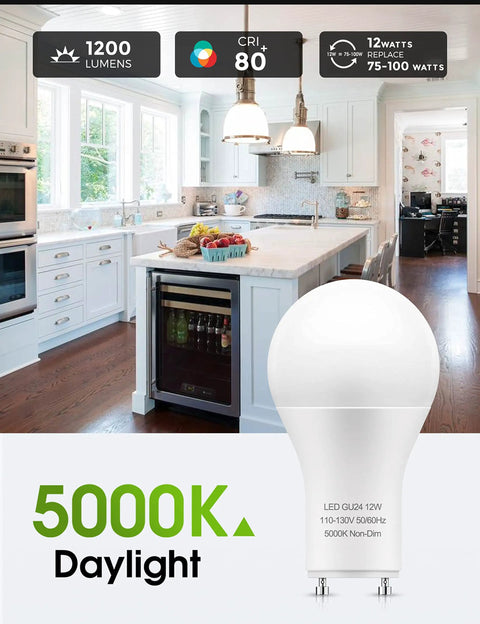 GU24 Base LED Light Bulb 1200 Lumen 12W Hella Bright 75W To 100W Equivalent Daylight 5000K A19 Style in a kitchen setting