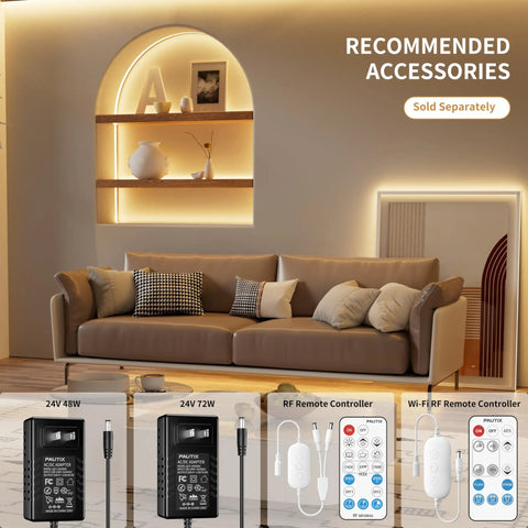 Living room with ambient lighting from Ultra Bright 24ft COB LED Strip Light With 3780 LEDs, Natural White 4000K, accessories shown