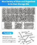 Stainless Steel Wood Screws Assortment Kit With 600 Piece Set Featuring 18 Sizes From Three Eighths Inch To Two Inches Phillips Pan Head Self Tapping Screws For Woodworking And Home DIY Projects Silver Finish in labeled storage case