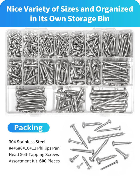 Stainless Steel Wood Screws Assortment Kit With 600 Piece Set Featuring 18 Sizes From Three Eighths Inch To Two Inches Phillips Pan Head Self Tapping Screws For Woodworking And Home DIY Projects Silver Finish in labeled storage case