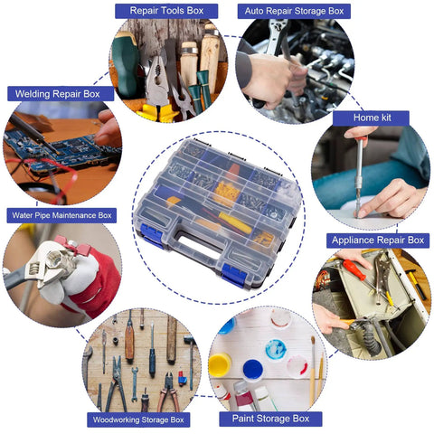 Double Sided 34 Compartment Small Parts Storage Case With Removable Dividers For Screws Nuts Bolts Nails And Tiny Hardware Heavy Duty Tool Organizer For DIYers Everywhere shown with different repair and storage applications.