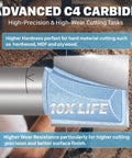 Close-up of bottom cleaning router bit with tungsten carbide tip showing 10X life durability for woodworking tasks.