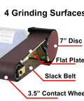 Professional Grade Heavy Duty 4X48 Belt Grinder Attachment showing 4 grinding surfaces: 7 inch disc, flat platen, slack belt, and contact wheel.