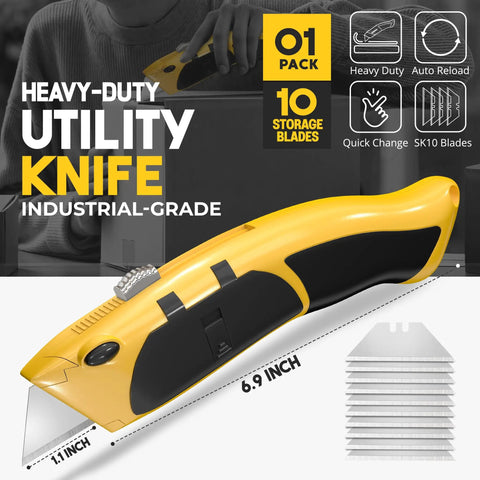 Auto Reload Utility Knife With 10 Preloaded SK5 Blades, heavy duty box cutter with non-slip handle, quick change blade