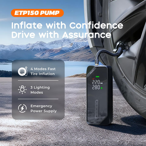 Portable Tire Inflator Air Pump With 150 PSI Cordless Design next to car tire, digital pressure gauge, 4 preset modes displayed.