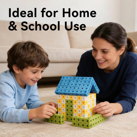 Child and adult building house with 100 Piece Math Linking Cubes Set For Kids Ages 3 To 8 Colorful Counting Cubes