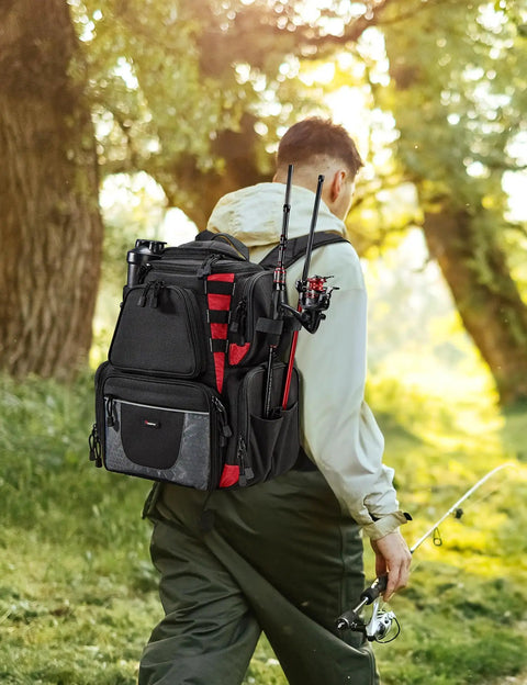 Man wearing Heavy Duty Fishing Backpack With 2 Rod Holders And 4 Tackle Boxes, Big Tackle Gear Bag with rain cover, in scenic forest