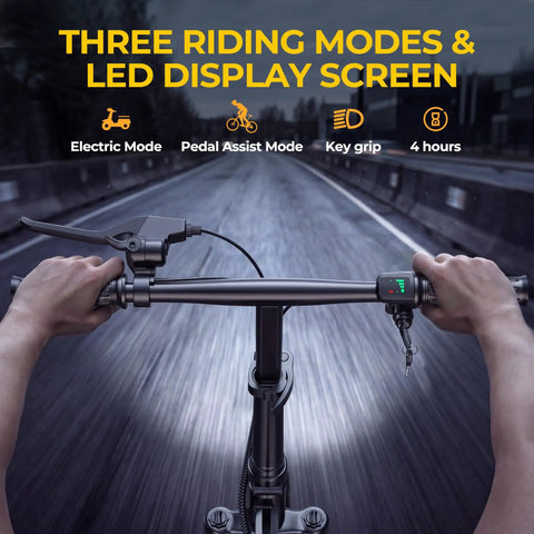 Riding view of Compact Electric Dirt Bike For Adults With 14 Inch Tires, 48V Battery, 500W Motor, showcasing handlebars and LED display.