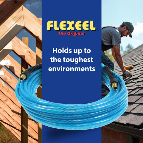 Flexeel Reinforced Polyurethane Air Hose Three Eighths Inch ID, 100 Foot Length coiled next to outdoor roofing work