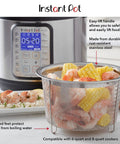 Round Stainless Steel Mesh Steamer Basket for Pressure Cookers with corn and shrimp, easy-lift handle, dishwasher safe.
