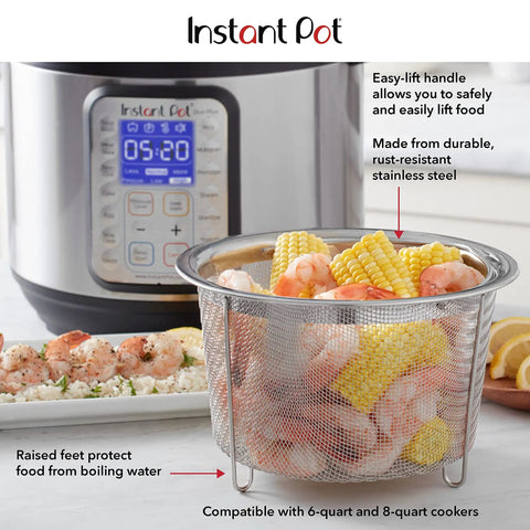 Round Stainless Steel Mesh Steamer Basket for Pressure Cookers with corn and shrimp, easy-lift handle, dishwasher safe.
