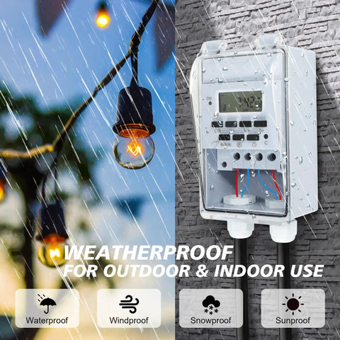 Rock Solid Heavy Duty Waterproof Programmable Timer Switch For Indoor And Outdoor Use with raindrops and lights.