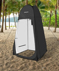 Easy Pop Up Privacy Shower Tent For Camping on a beach with palm trees, open doorway, showing interior size 39x39x75 inches