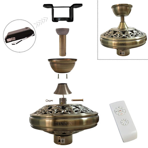 Exploded view of 52 Inch Indoor Ceiling Fan With LED Light And Remote Control In New Bronze Finish showing parts and remote